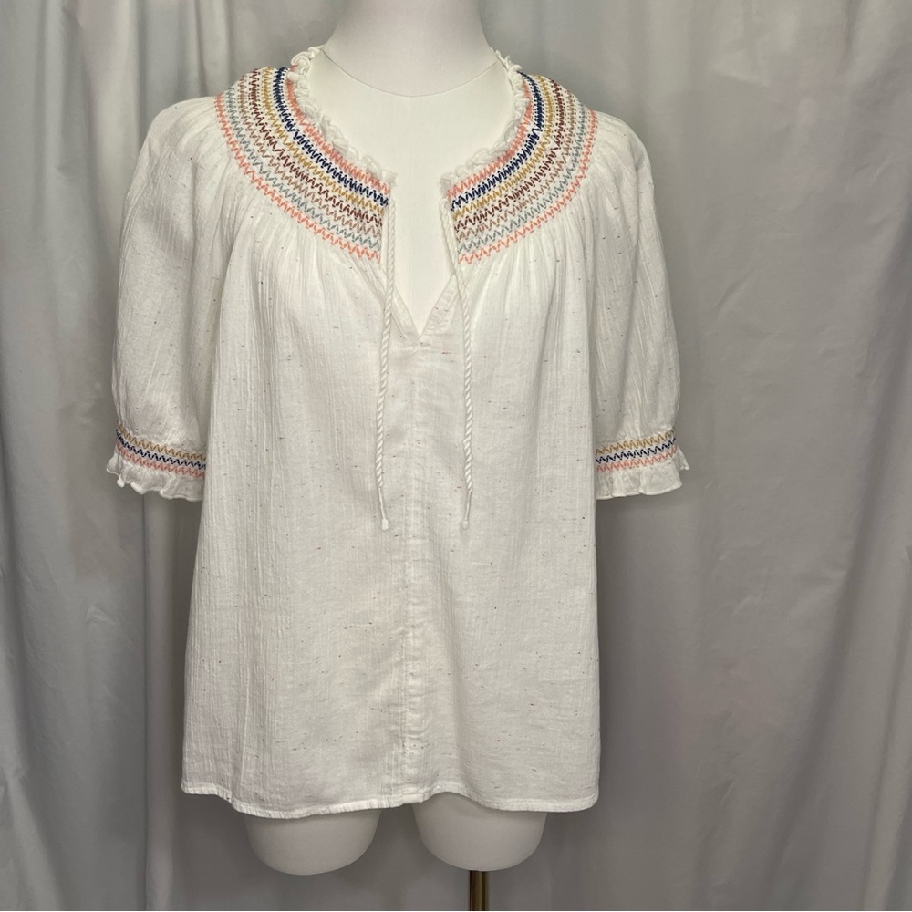 Madewell Embroidered Rainbow White Top Boho Peasant Cottagecore Coastal Cowgirl